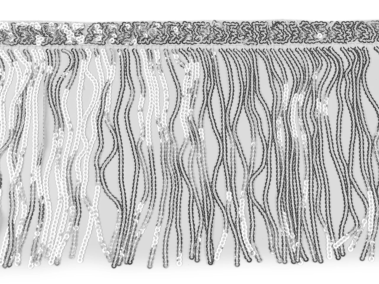 Image with decorative ribbon with sequin fringe – 15 cm wide - silver – available at Šarlotes audumi