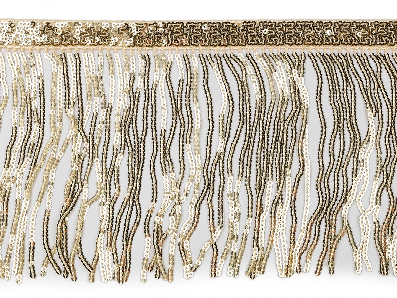 Image of decorative ribbon with sequin fringe – 15 cm wide - gold – available at Charlotte’s Fabrics