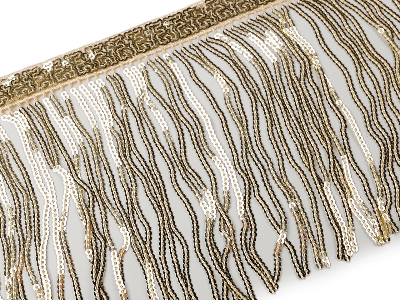 Image with Decor ribbon with sequin fringe – 15 cm wide - gold – available at Charlotte's Fabrics