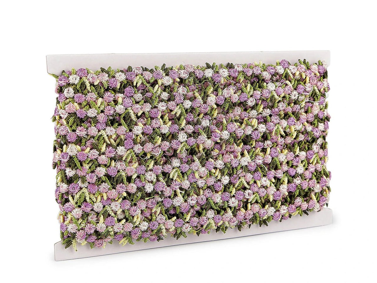 Image of decorative ribbon with 3D flowers – light purple, 15 mm – available online at Šarlotes audumi