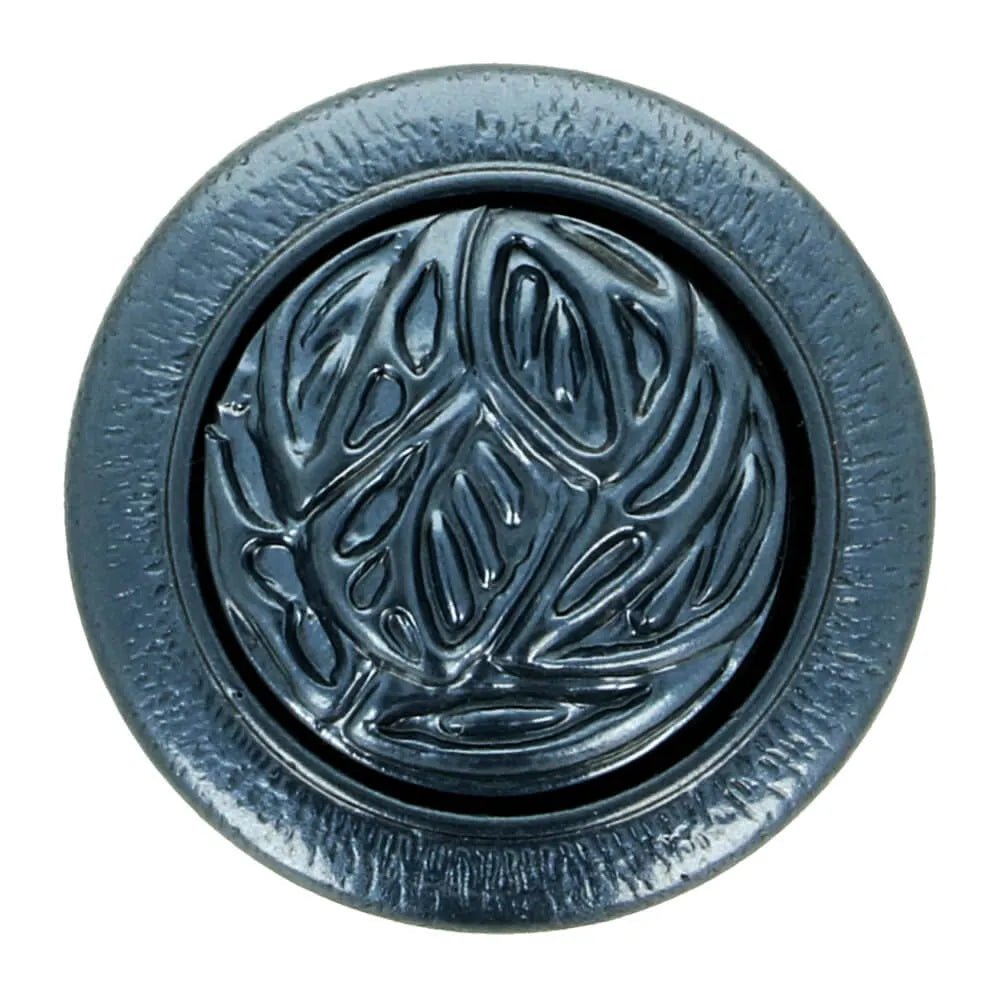 Attēls of a decorative button with a heart element - blue-gray – available online at Šarlotes audumi