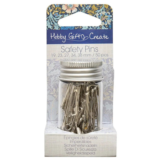 Silver safety pins by Hobby Gift Create, 50 pcs – available at Šarlotes audumi