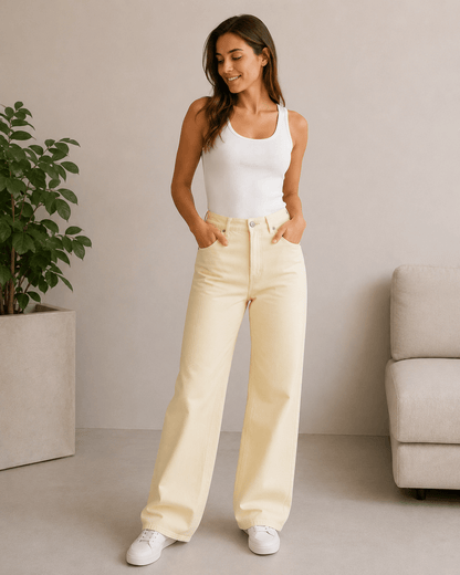 Image of denim fabric with elastane - yellow 225 g/m² – available at Šarlotes audumi