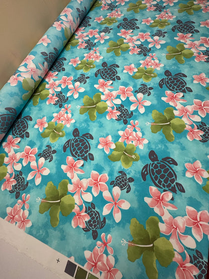 Tissu français à motif floral tropical dans des tons bleu-vert – 160 g/m²