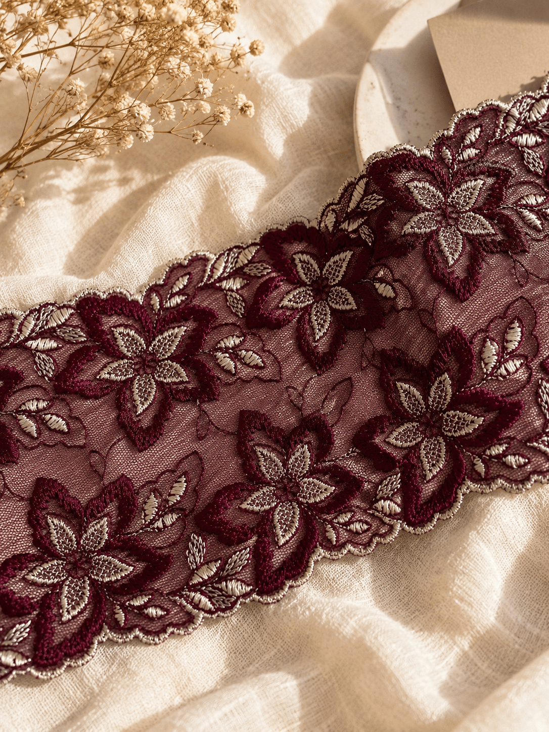 Image with elastic lace 14 cm - dark red with light accents – available at Šarlotes audumi