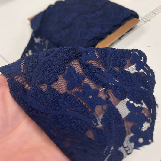 Image of elastic lace 15 cm - dark blue with a velvet-like texture - available at Charlotte's Fabrics