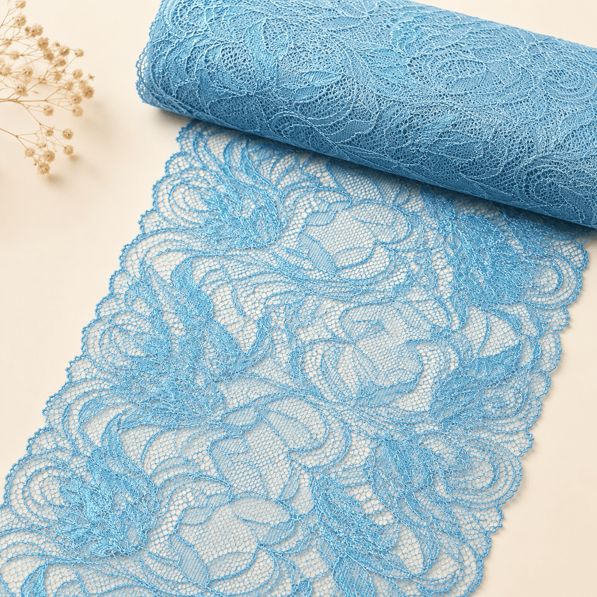 Image of elastic lace 16 cm, sky blue – available online at Šarlotes audumi