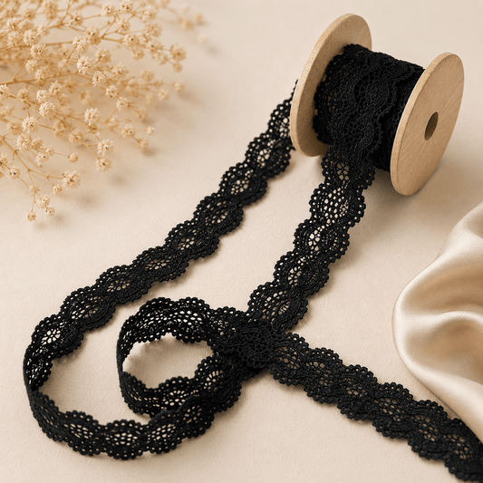 Attēls ar Elastīga mežģīne 2 cm - melna – pieejams Šarlotes audumi