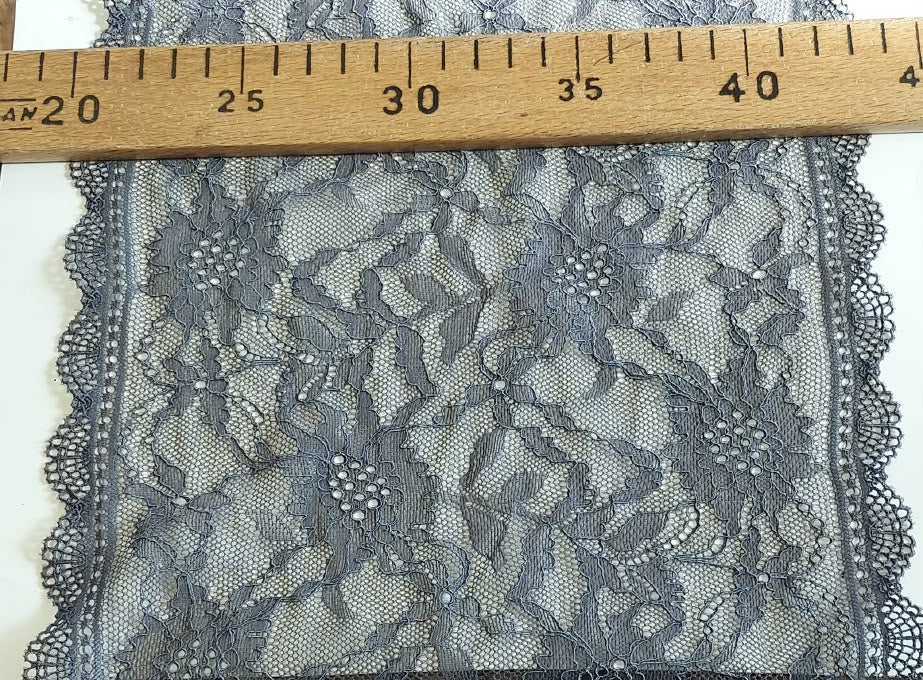 Image of delicate stretch lace 24 cm – dark grey, available online at Šarlotes audumi