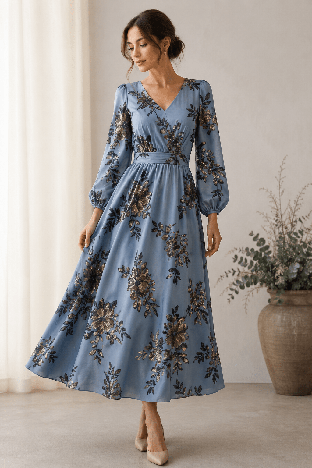 Image de tissu satiné souple avec broderies florales et paillettes bleu, noir et or – disponible en ligne chez Šarlotes audumi