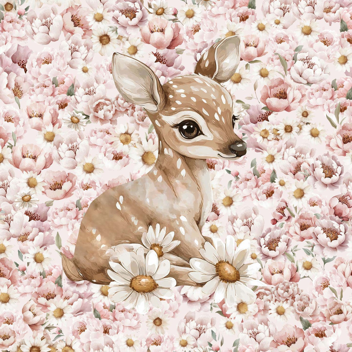 Schlingengewebspanel – Gänseblümchen und Pfingstrosen, Hirsch 250 g/m² | Design-05