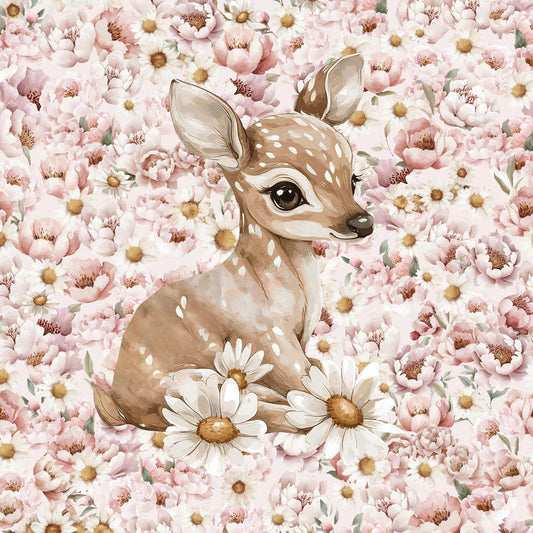 Schlingengewebspanel – Gänseblümchen und Pfingstrosen, Hirsch 250 g/m² | Design-05