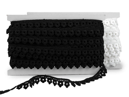 Image of Guipure lace 17 mm – white and black – available online at Šarlotes audumi