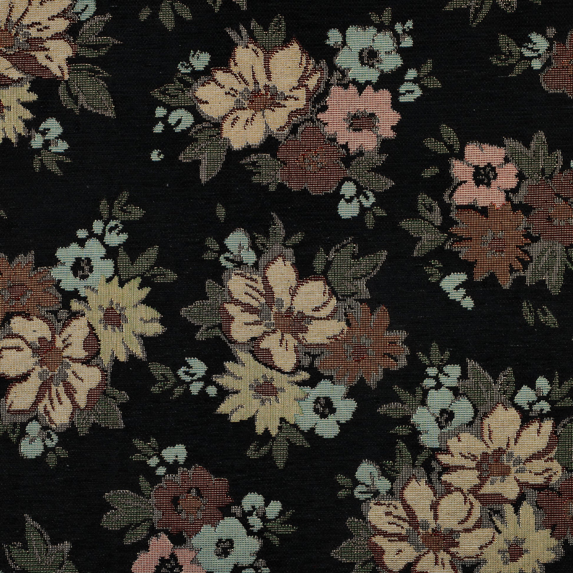 Tapestry with flowers and gold accents on black, 420 g/m² – available at Šarlotes audumi