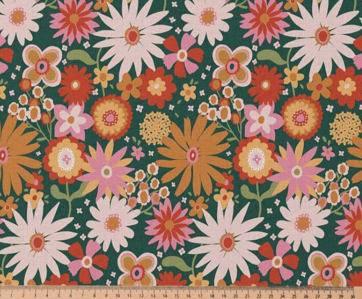 Premium 100% Baumwollstoff - Blumen auf Grün 115 g/m²