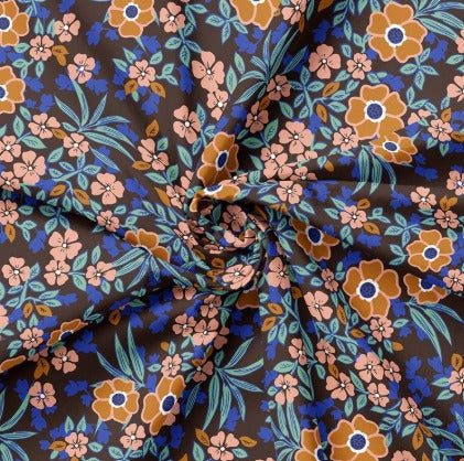 Poplin - blue and orange flowers