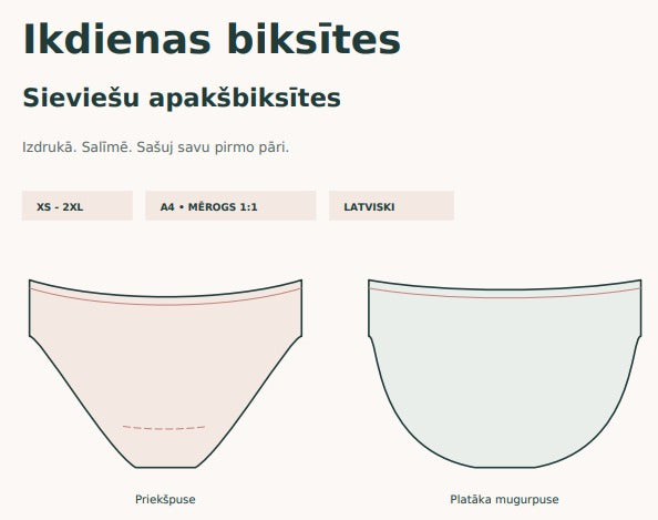 BEZMAKSAS sieviešu apakšbiksīšu piegrieztne PDF | XS–2XL
