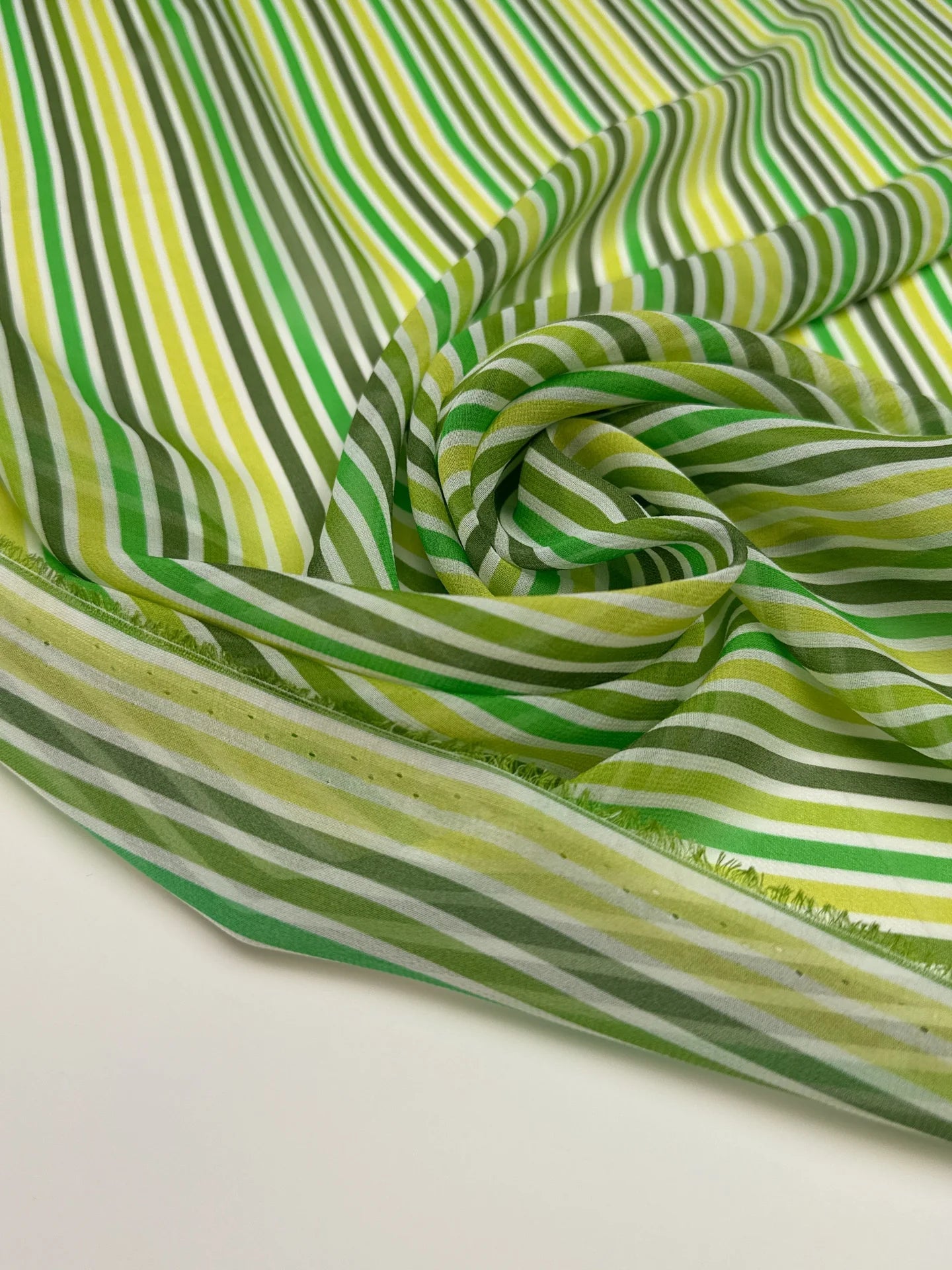 Image of Italian 100% silk crepe fabric - green stripes - available online at Charlotte's Fabrics