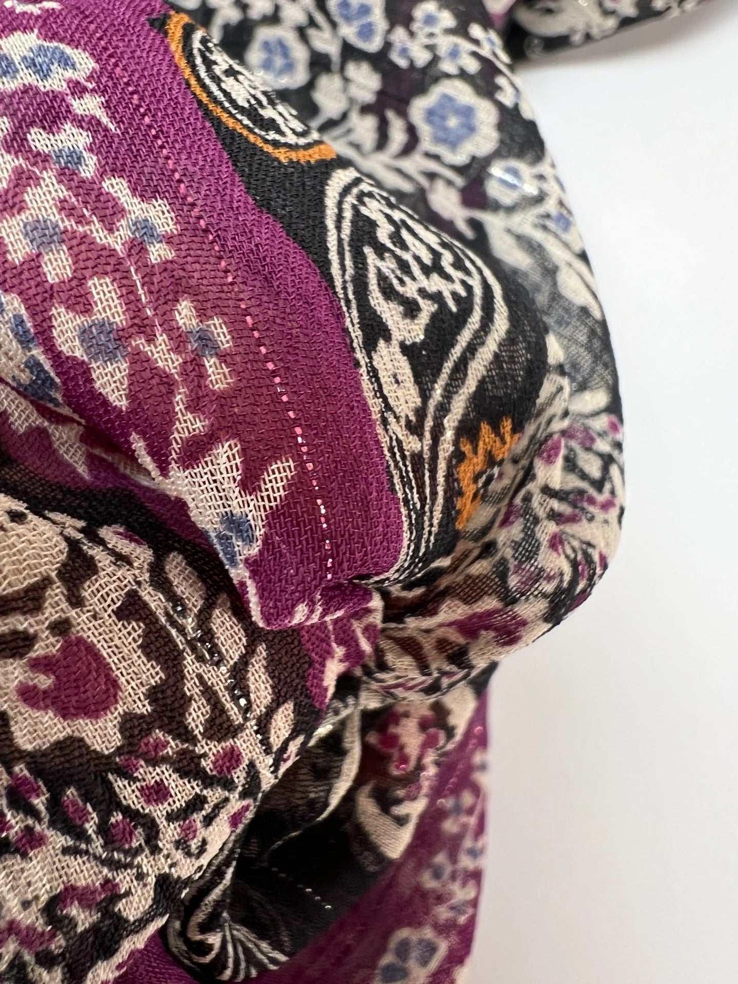 Image of Italian chiffon fabric with black-purple paisley pattern and lurex thread – available online at Charlotte's Fabrics