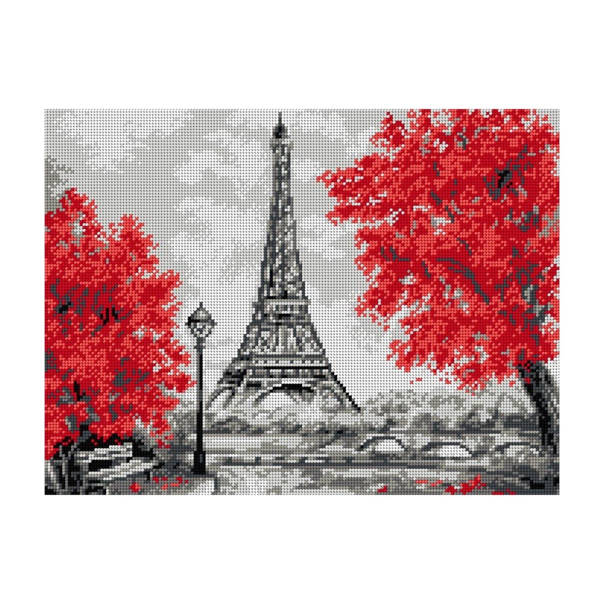 Image of an embroidery canvas with a printed design – Paris and the Eiffel Tower, 30 × 40 cm – available online at Šarlotes audumi