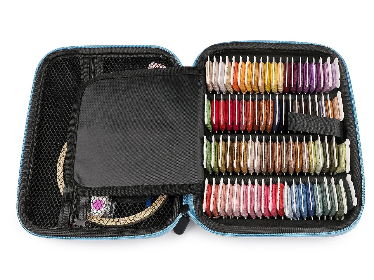 Image of an embroidery kit in a case with embroidery floss and tools – available at Charlotte Fabrics
