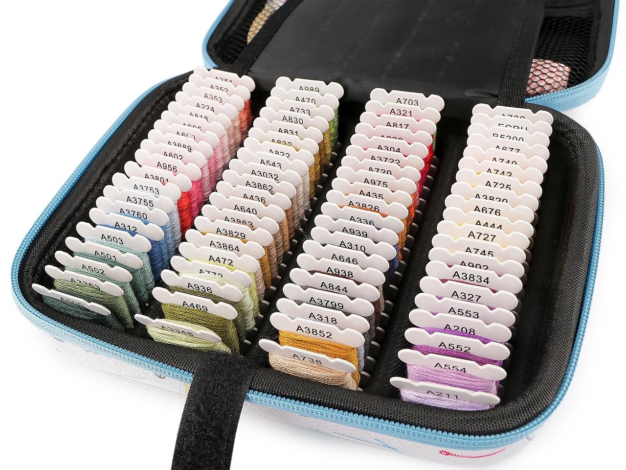 Image of an embroidery kit in a case with embroidery floss and tools – available from Charlotte Fabrics