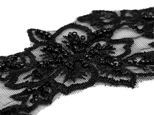 Image of embroidered decorative ribbon with beads and sequins, 70 mm – available online at Šarlotes audumi