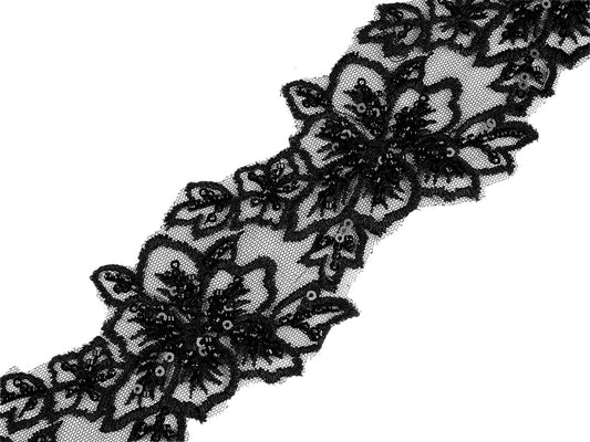 Image of embroidered decorative ribbon with beads and sequins, 70 mm – available online at Šarlotes audumi