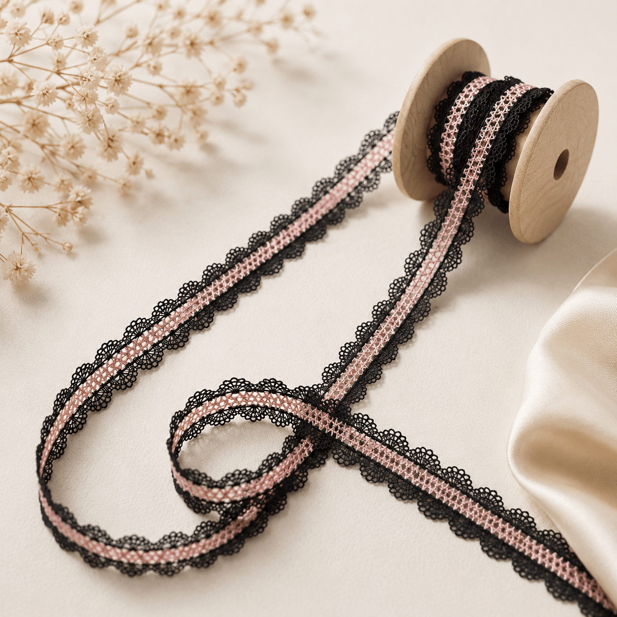 Image avec dentelle brodée de 2 cm - noire avec accent rose – disponible chez Šarlotes audumi