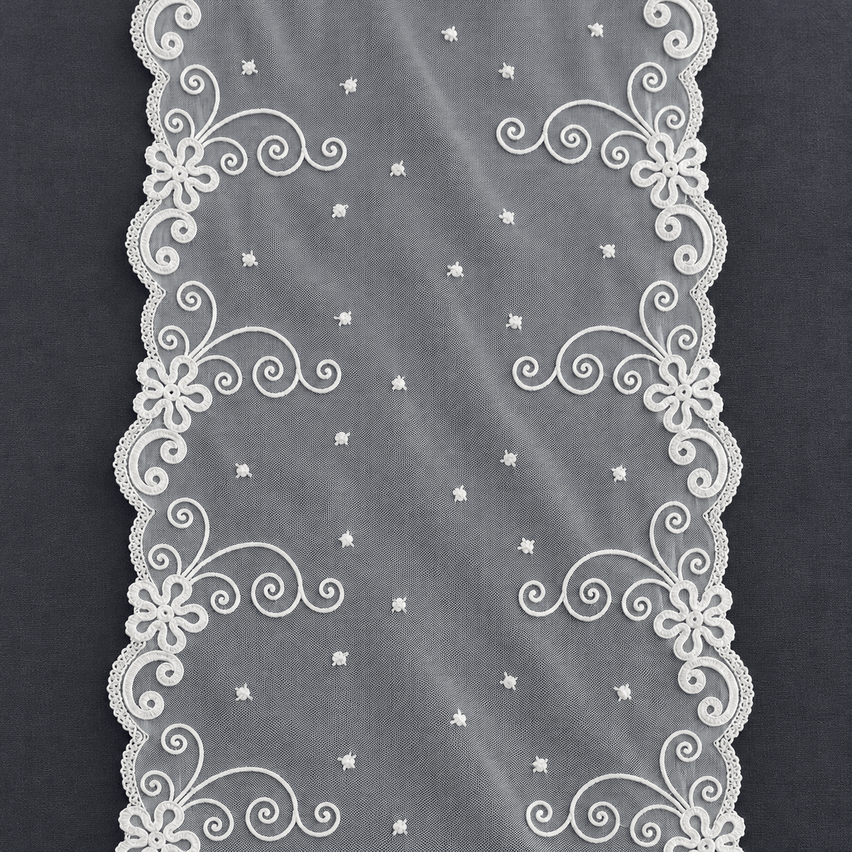 Image of 20 cm embroidered lace on tulle, milk white with gold accents – available online at Šarlotes audumi