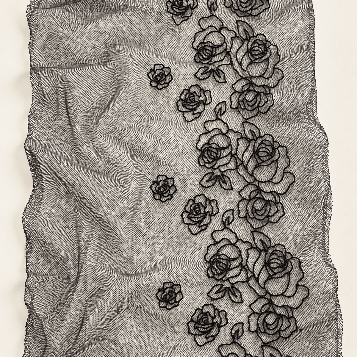 Image of embroidered lace on tulle, 25 cm, deep black – available online at Šarlotes audumi