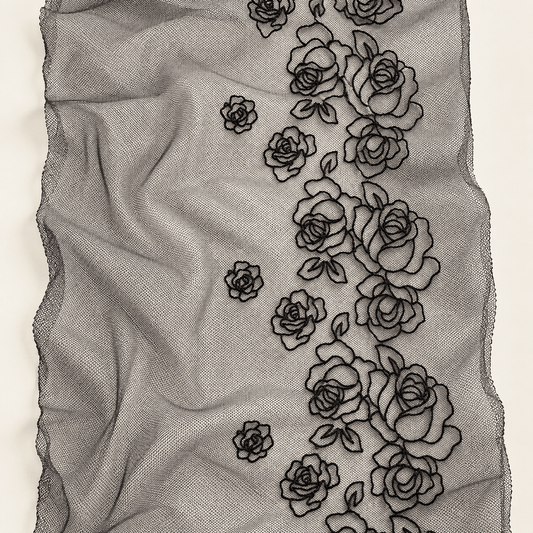 Image of embroidered lace on tulle, 25 cm, deep black – available online at Šarlotes audumi