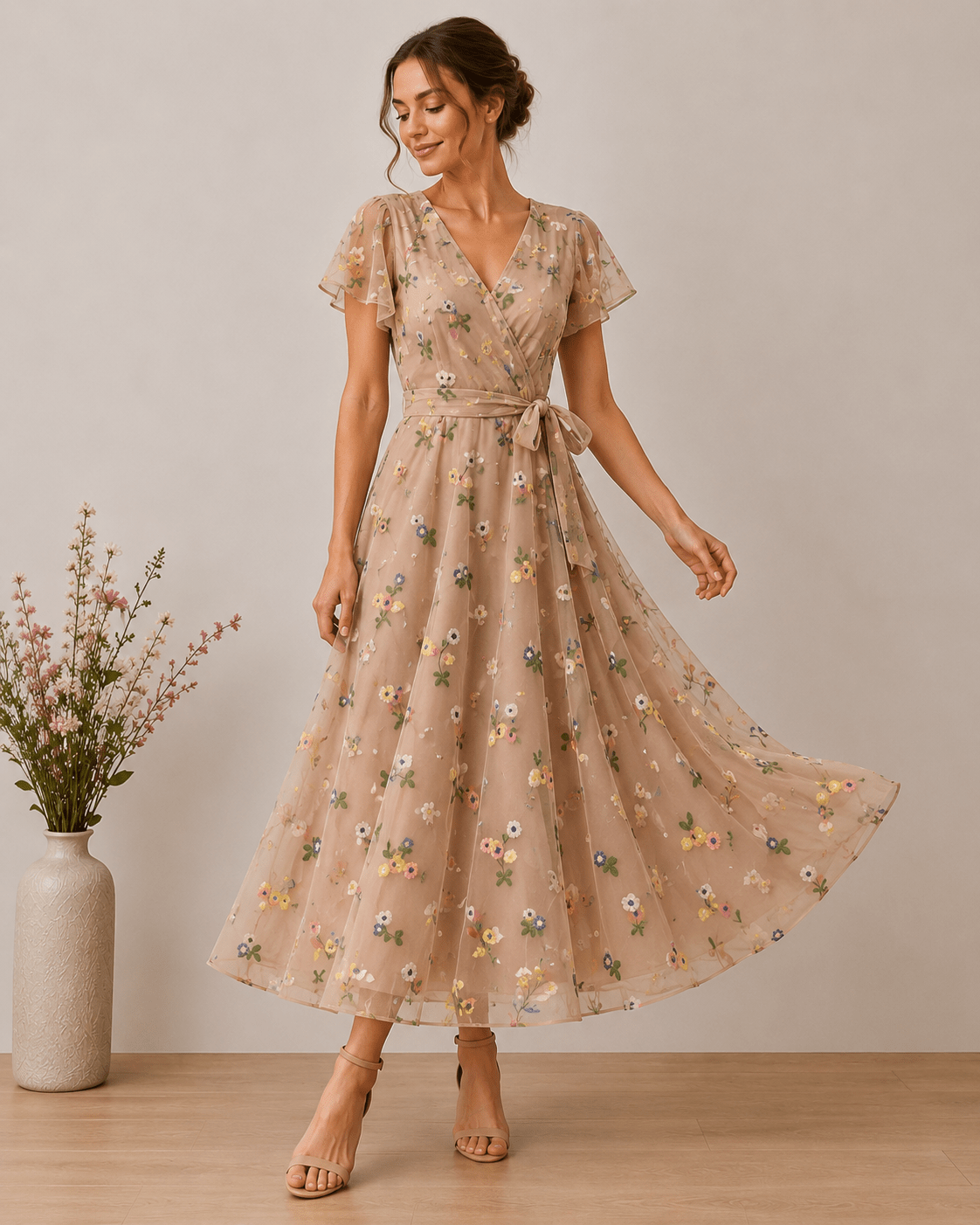 Image with embroidered tulle fabric with flowers - peach tone 70 g/m² – available at Šarlotes audumi