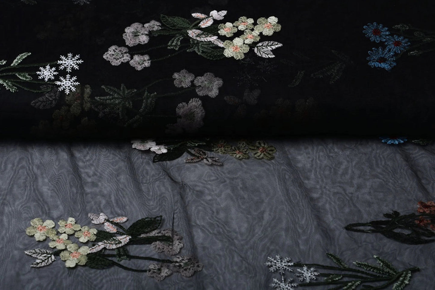 Image of embroidered tulle with flowers 100 - 150 g/m² – available at Šarlotes audumi