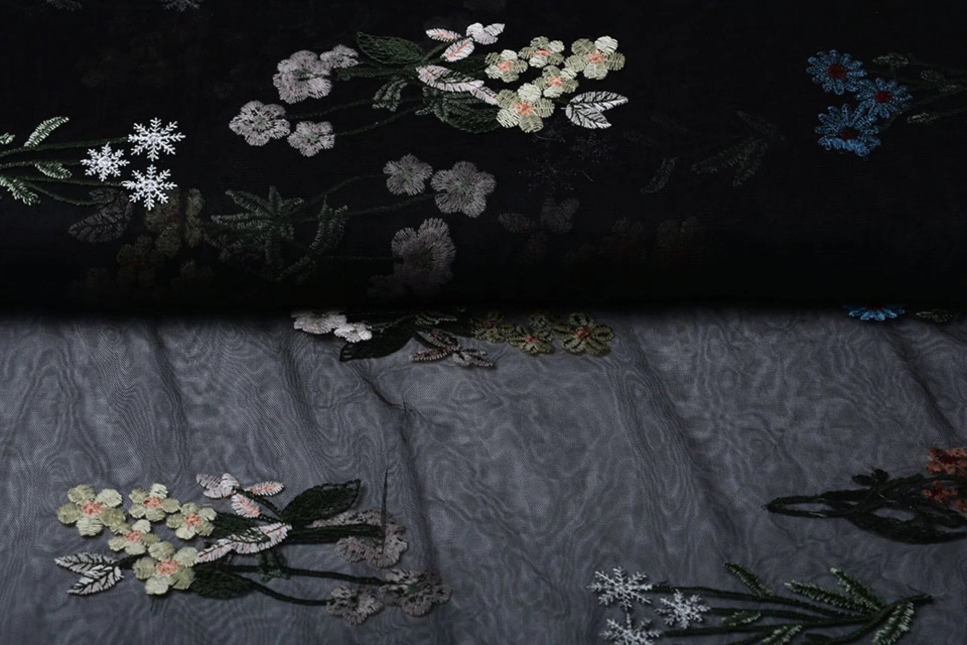 Image of embroidered tulle with flowers 100 - 150 g/m² – available at Šarlotes audumi