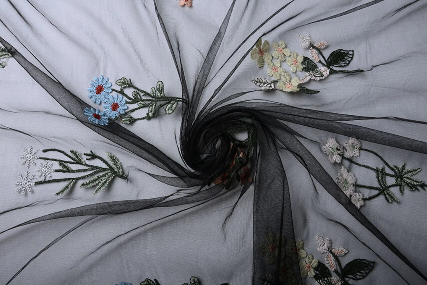Image of embroidered tulle with flowers 100 - 150 g/m² – available at Šarlotes audumi
