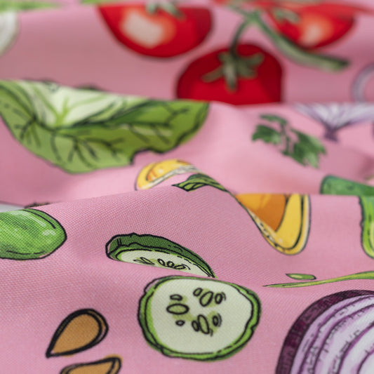 Canvas fabric with vegetables on pink, 200 g/m² – available at Šarlotes audumi