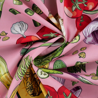 Canvas fabric with vegetables on pink, 200 g/m² – available at Šarlotes audumi
