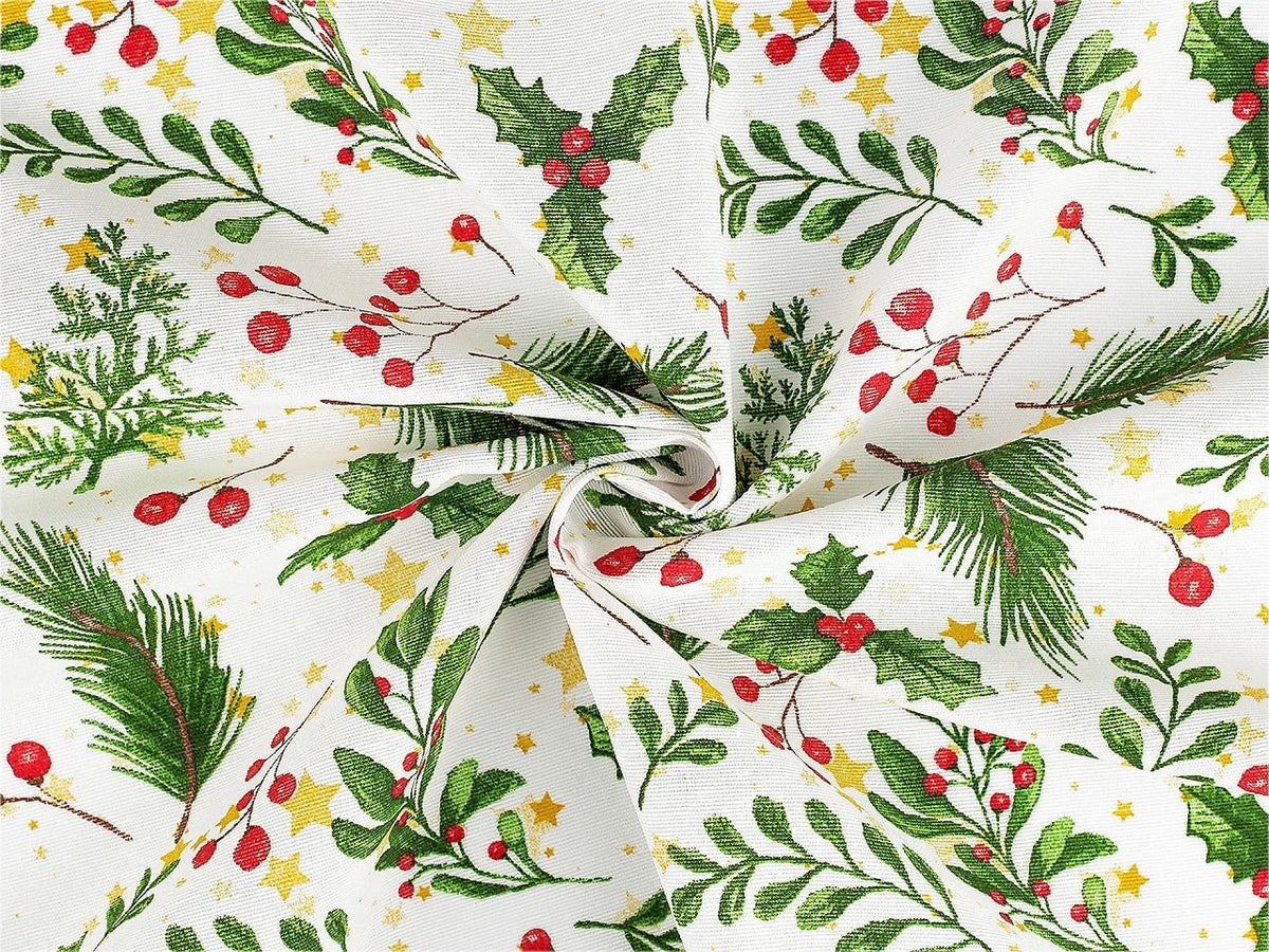 Image of canvas fabric – cranberries and spruce branches – available online at Šarlotes audumi