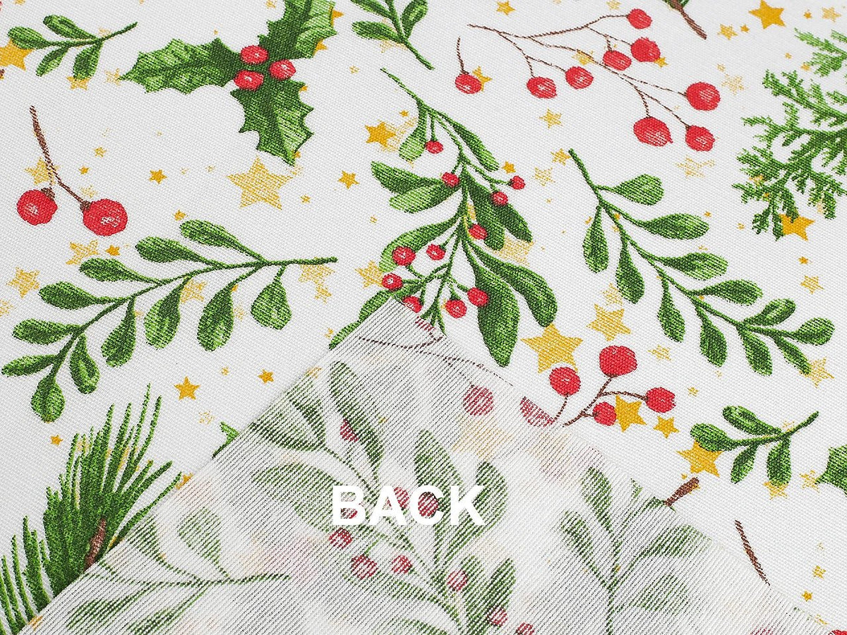 Image of canvas fabric – cranberries and spruce branches – available online at Šarlotes audumi