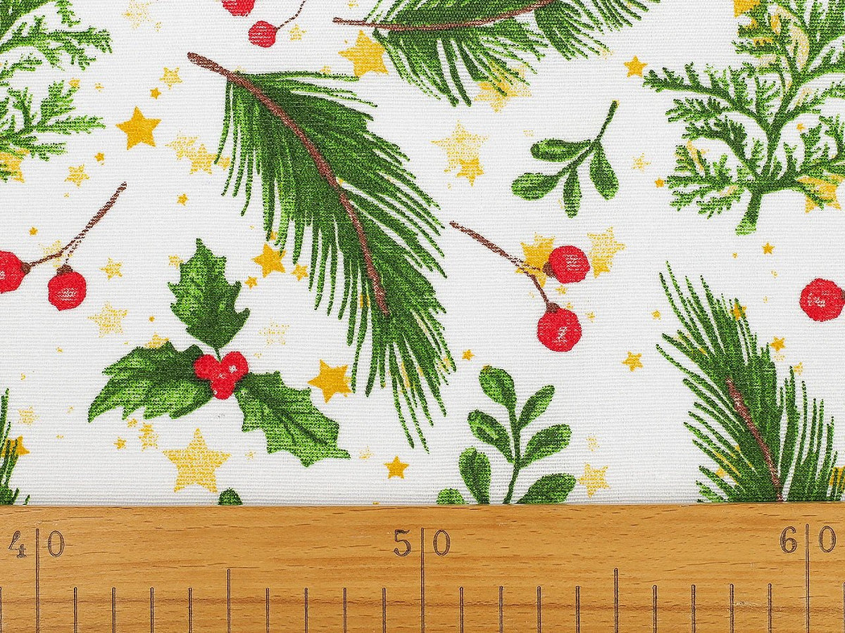 Image of canvas fabric – cranberries and spruce branches – available online at Šarlotes audumi