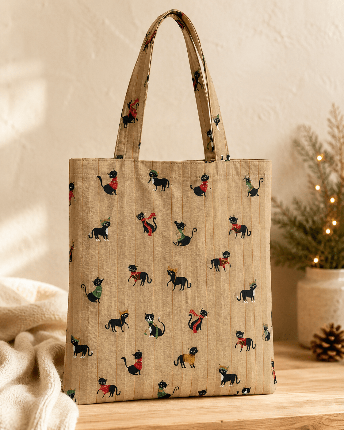 Image of canvas fabric cats in scarves – available online at Šarlotes audumi
