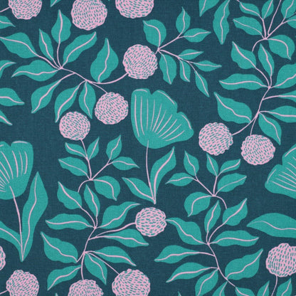 Canvas fabric - pink and green leaf motif 225 g/m²