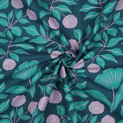 Canvas fabric - pink and green leaf pattern 225 g/m²