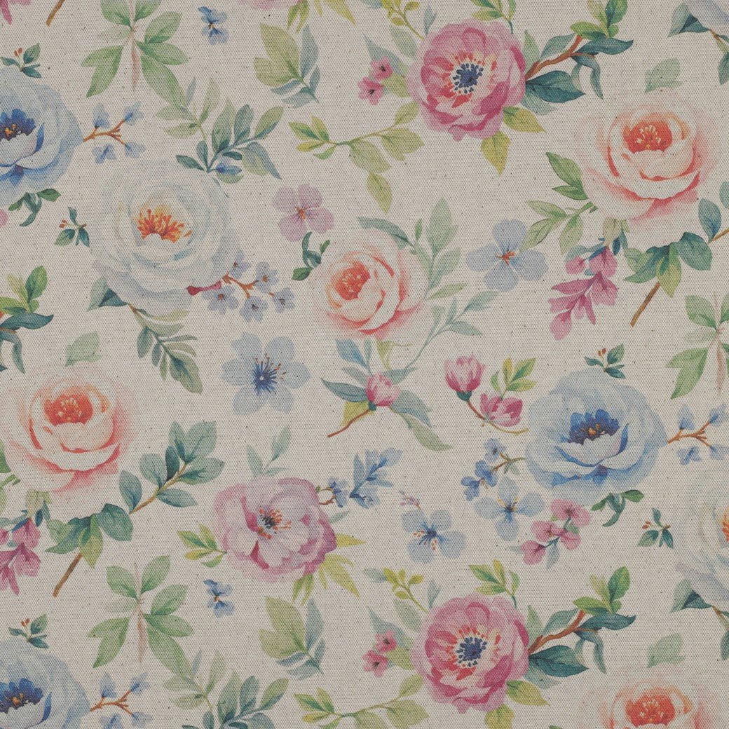 Image of canvas fabric - flowers on a linen-colored background 220 g/m² – available at Šarlotes audumi