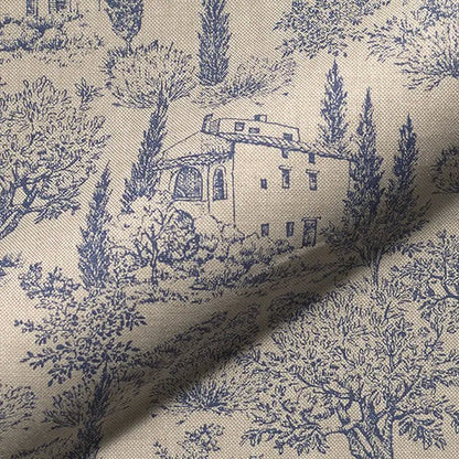 Image with canvas fabric - a blue Provence landscape on a linen-toned background 200 g/m² – available at Šarlotes audumi
