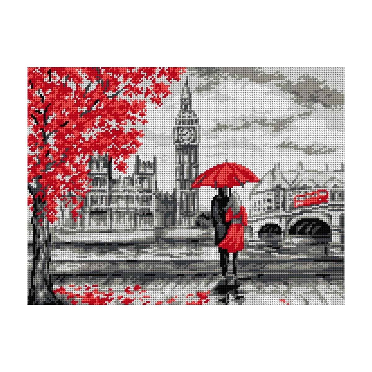 Embroidery canvas with printed pattern – Couple in the Rain, 30 × 40 cm