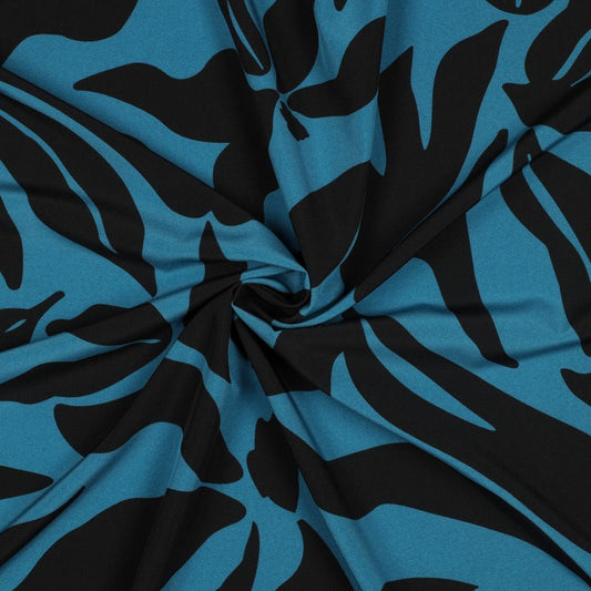 Tissu pour robe avec élasthanne, motif multicolore sur fond pétrole, 80 g/m² – disponible chez Šarlotes audumi