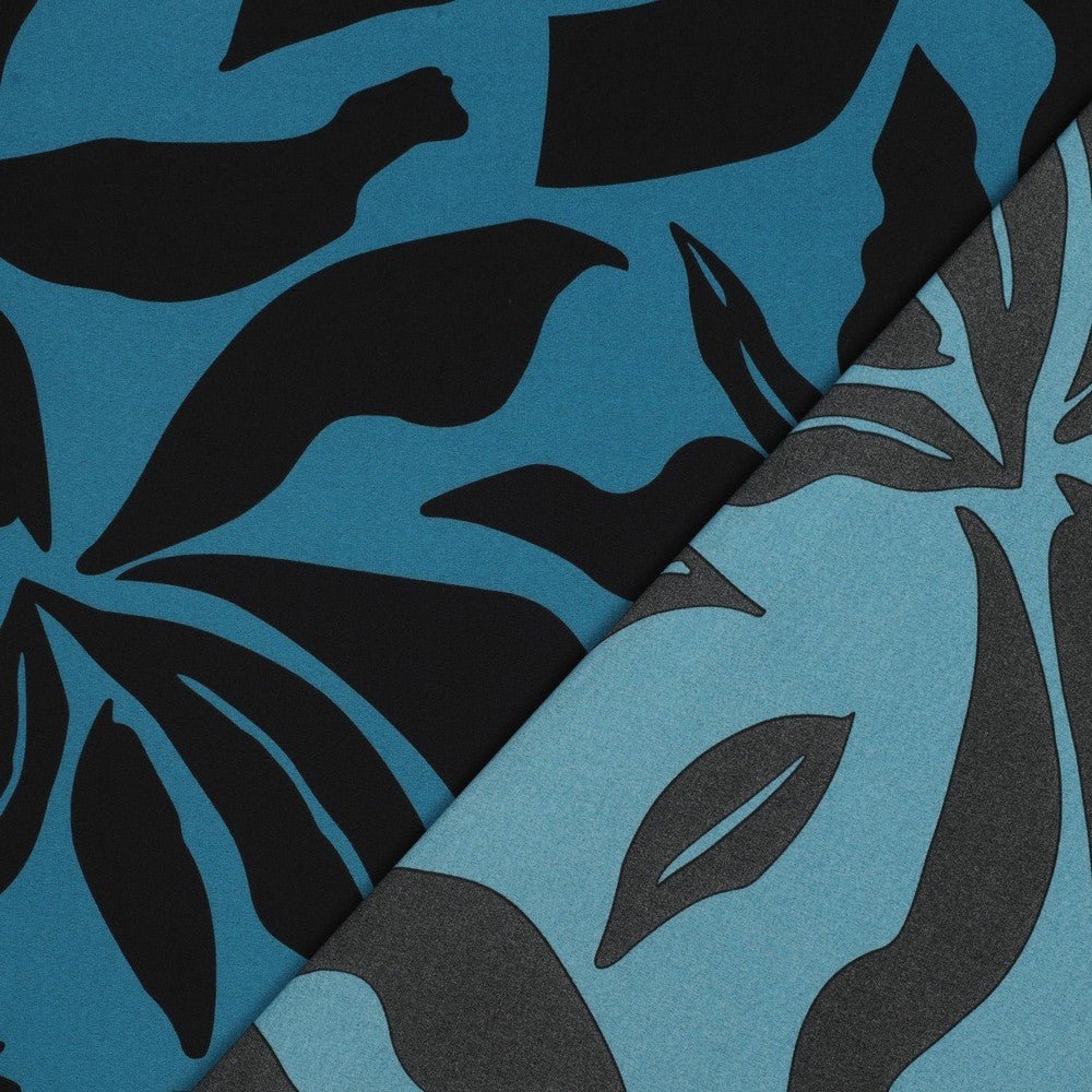 Image of dress fabric with elastane - multicolored pattern on a petrol background 80 g/m² – available at Šarlotes audumi