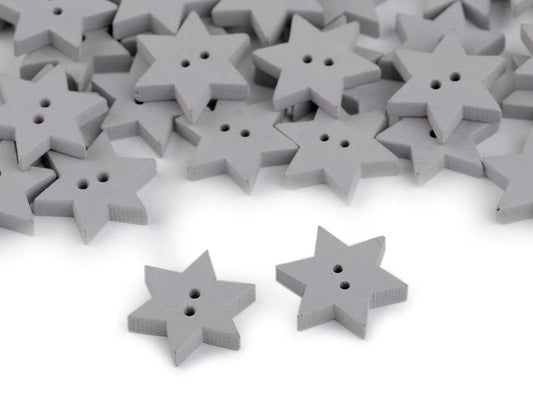 Image of a 15 mm star-shaped wooden button – decorative button with 2 holes – available online at Šarlotes audumi